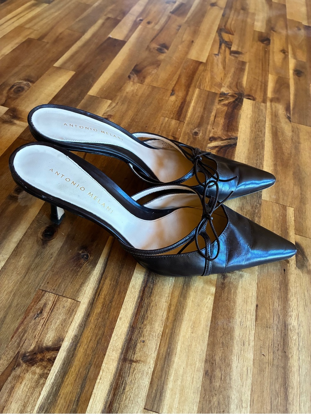 ANTONIO MELANI Chocolate Brown Leather Pointed Toe Slingback Mules with Bow - Picture 6 of 9